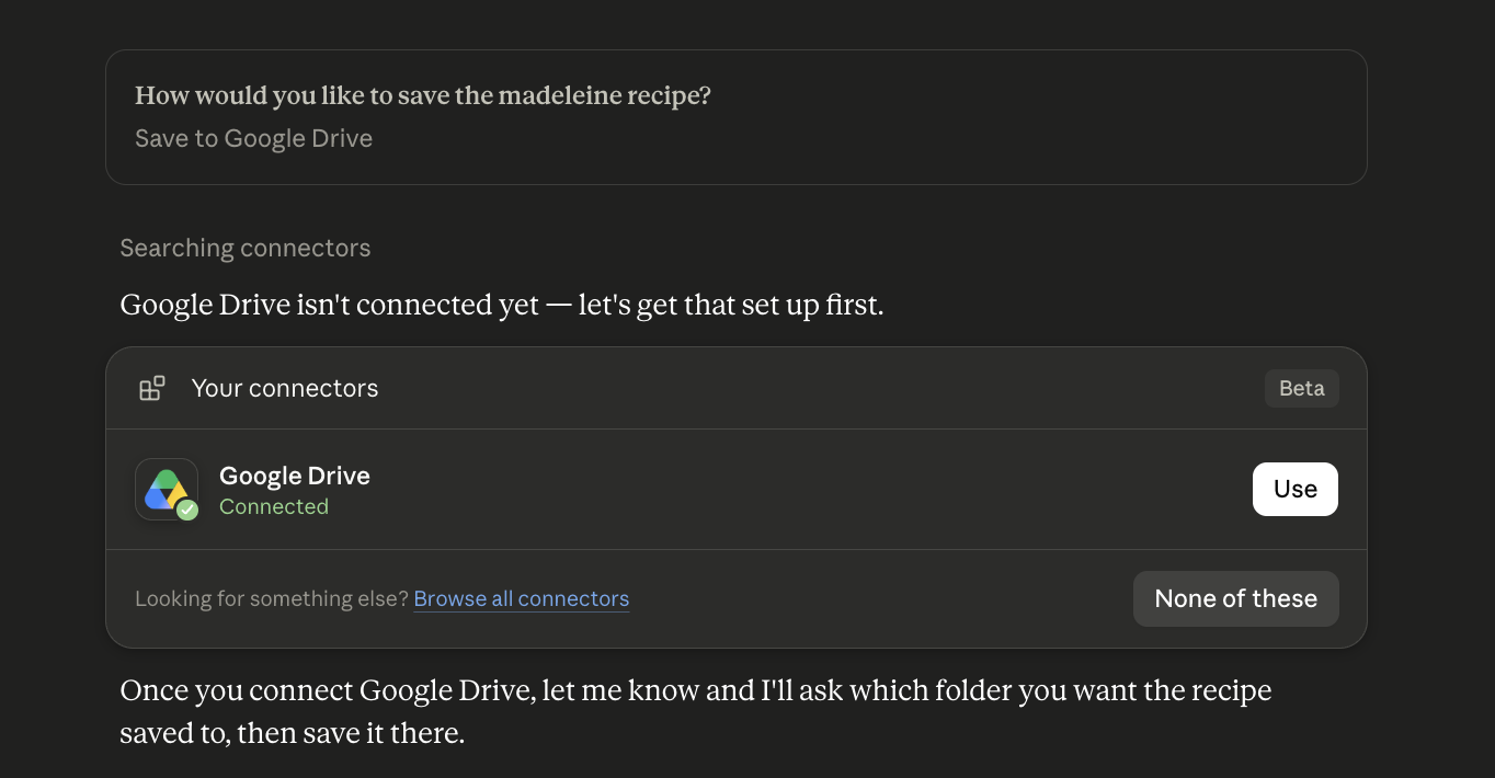Claude prompting to save a recipe to Google Drive, then showing the connectors panel with Google Drive ready to use